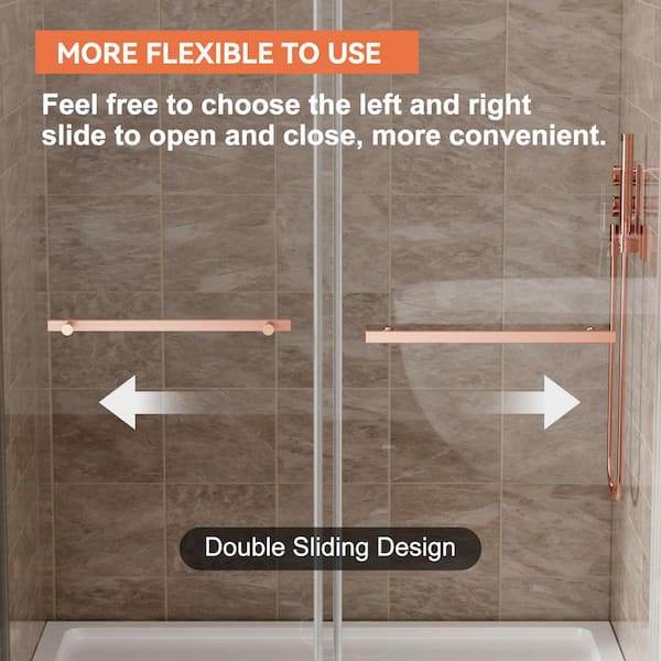 60 in. W x 75 in. H Double Sliding Frameless Shower Door in Brushed Rose Gold with 5/16 in.Tempered Glass, Double Buffer