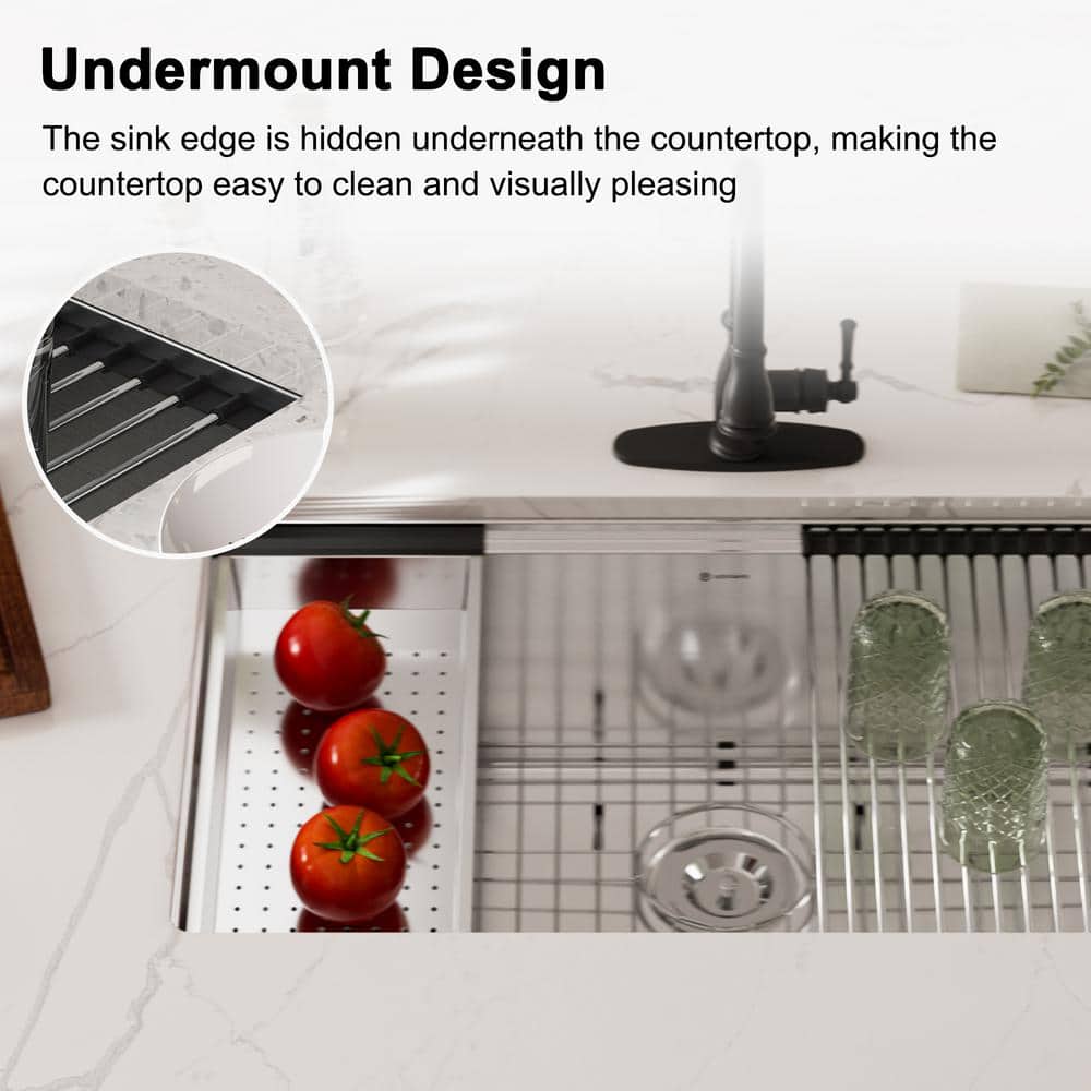 32" Undermount Single Bowl Brushed Stainless Steel Kitchen Sink with Accessories