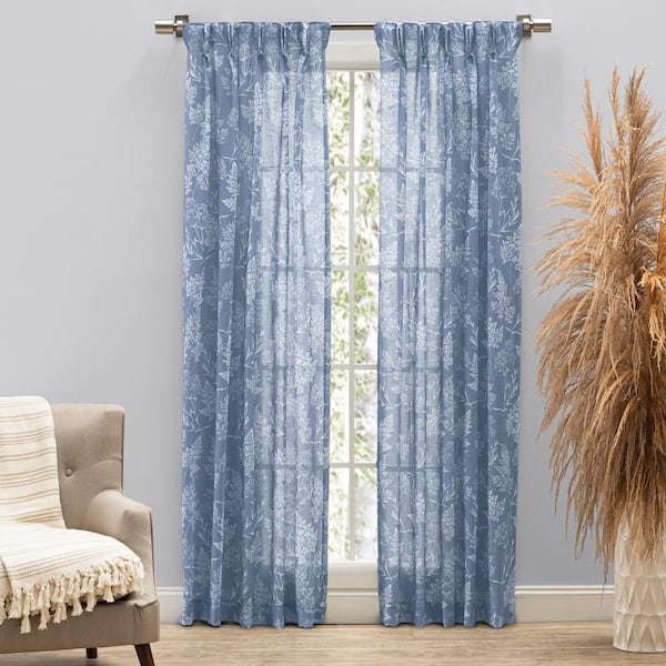 RICARDO Wild Meadows Blue Polyester Floral 25 in. W x 84 in. L Pinch Pleat Sheer Curtain (Double Panels)