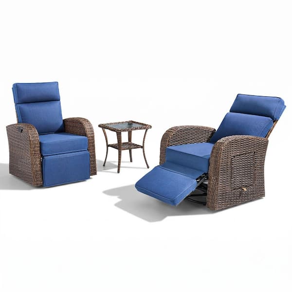 3-Piece PE Rattan Wicker Swivel Outdoor Recliner Lounge Chair Adjustable Backrest with Blue Cushions, Side Table