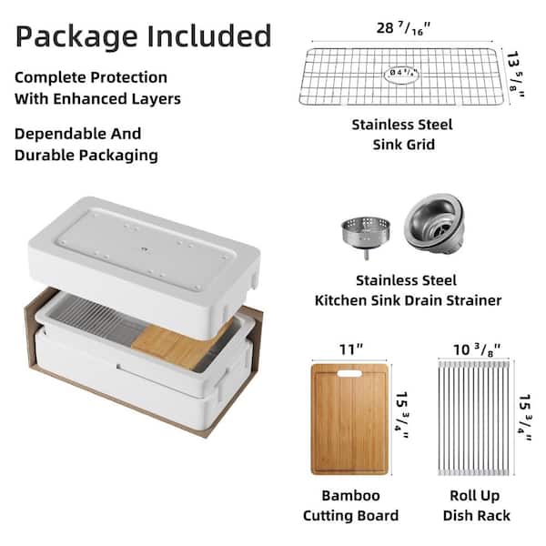 33 in. Undermount/Drop-In Kitchen Sink, Workstation Single Bowl White Fireclay, Drying Rack And Cutting Board Included