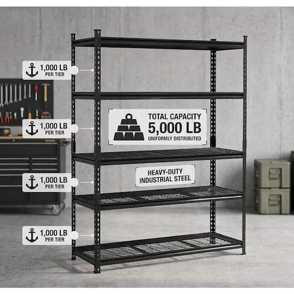 5,000 lb. Series 5-Tier Steel Garage Storage Shelving Unit in Matte Black, Wire Racks (48 in. W x 72 in. H x 18 in. D)