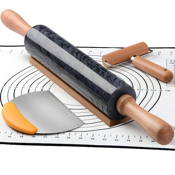 18.5 in. Black Natural Marble Rolling Pin with Silicone Mat, Steel Scraper, and Bonus Wood Roller