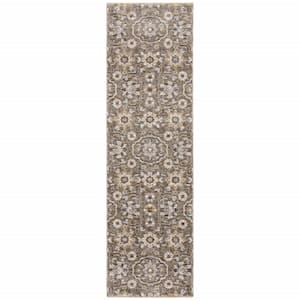 Grey and Tan 2 ft. x 8 ft. Floral Power Loom Stain Resistant Fringe with Runner Rug