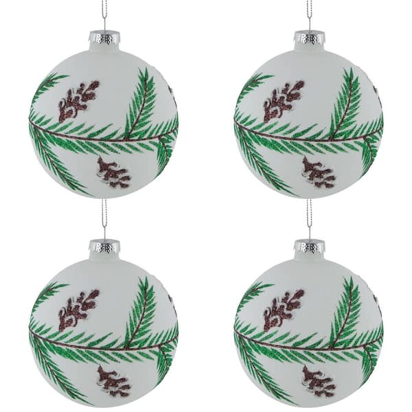 Glittered Glass Ball Christmas Ornaments with Pine Cones-4" (100mm)-4ct