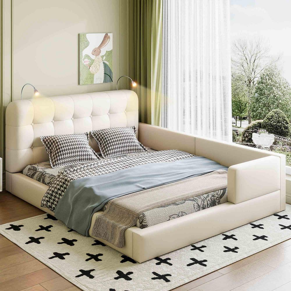Polibi White Wood Frame Queen Upholstered Platform Bed with 2