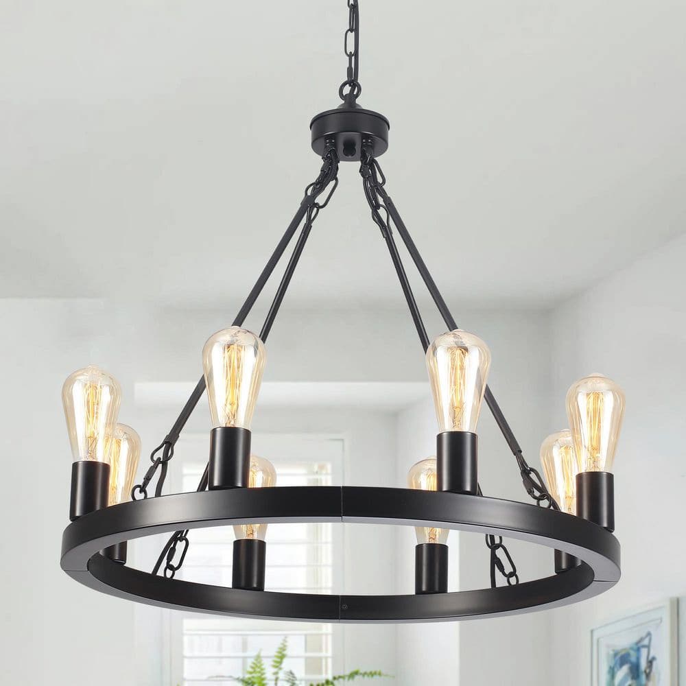 Farmhouse Style 23.6 in. 8-Light Black Metal Wagon Wheel Chandelier with Adjustable Chain for Dining Room or Foyer price history on PriceWatchPro