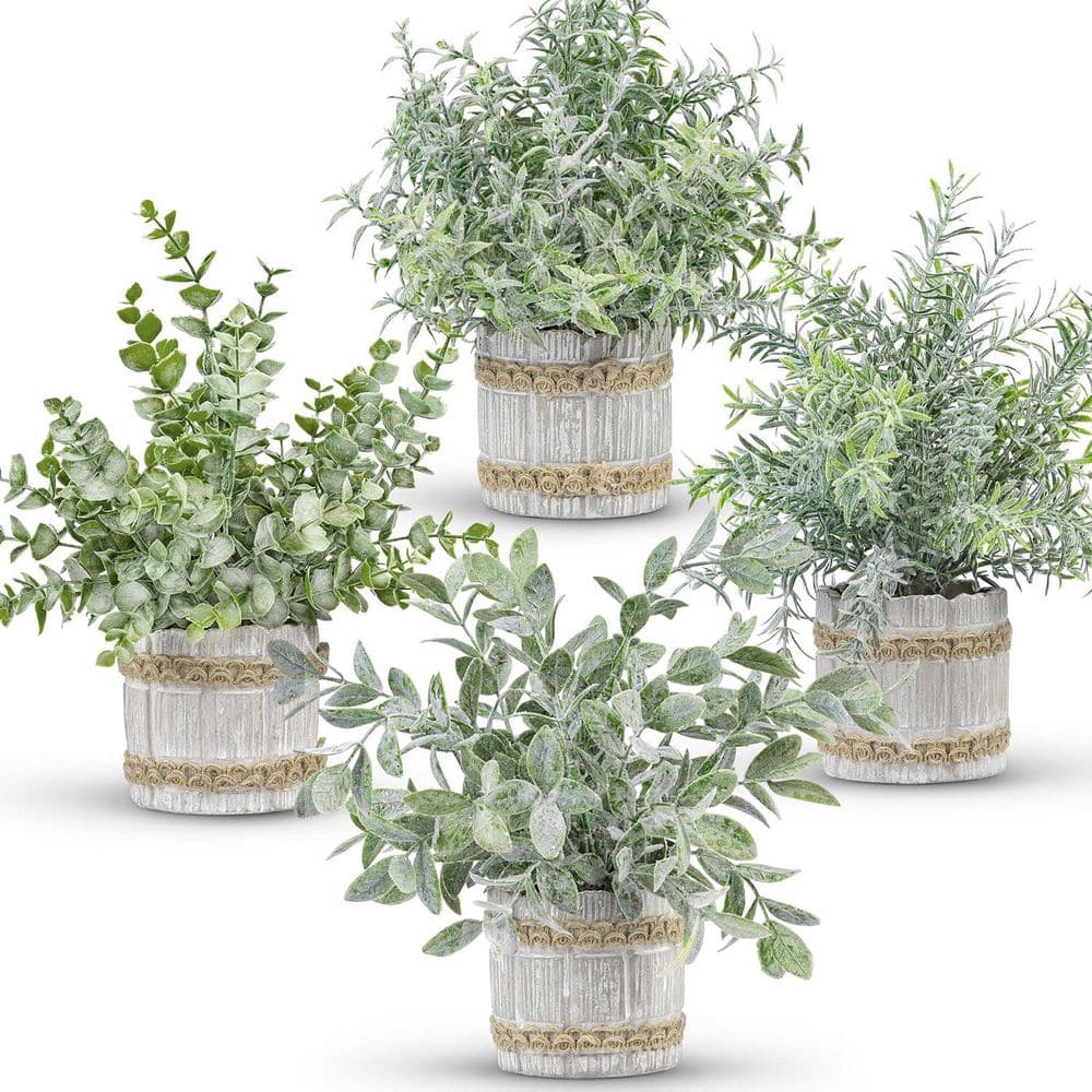 9.84 in. Gray Indoor Small Artificial Eucalyptus Plants in Grey Pot 4 Packs
