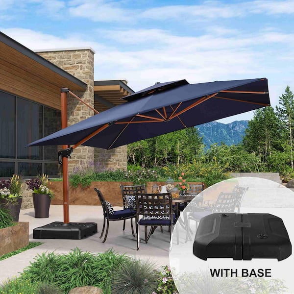 12 ft. Square High-Quality Wood Pattern Aluminum Cantilever Patio Umbrella with Stand in Navy Blue