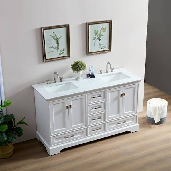 Stufurhome HE-7131B-60-CR 60 in. Brittany Double Sink Bathroom Vanity with Mirror, Dark Blue