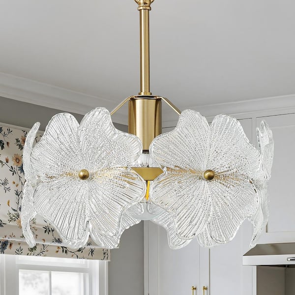 40W 1-Light Gold Adjustable Hanging Farmhouse Pendant Light with 6 Four-Leaf Clover Glass Shade For Kitchen Island