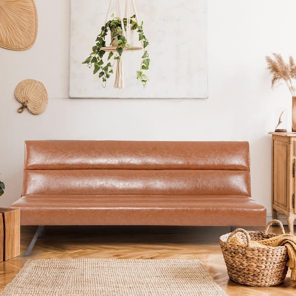 MAYKOOSH 66.1 In. W. Armless Faux Leather Rectangle Futon Sofa in. Brown