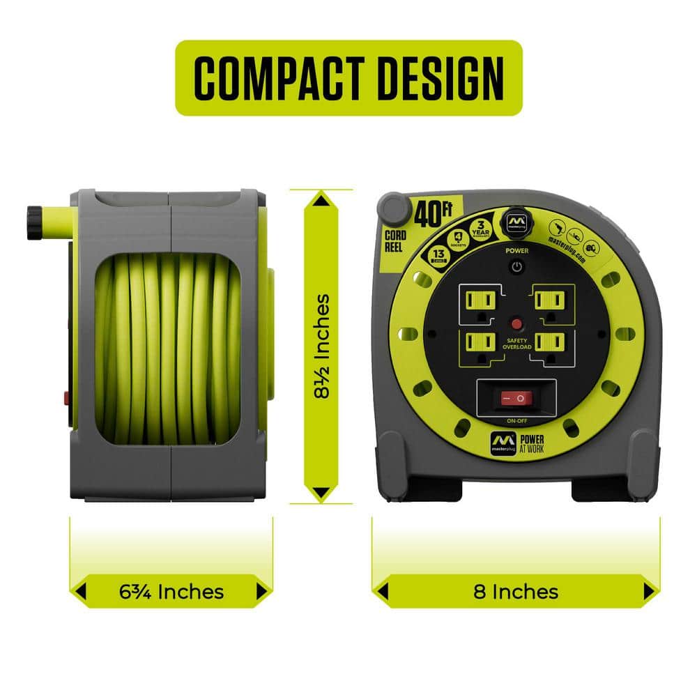 40ft Gray and Yellow PVC Extension Cord Reel with 4 Outlets