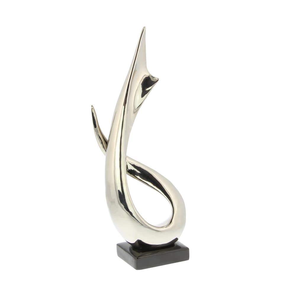 Silver Porcelain Abstract Sculpture with Black Base, 17" Height