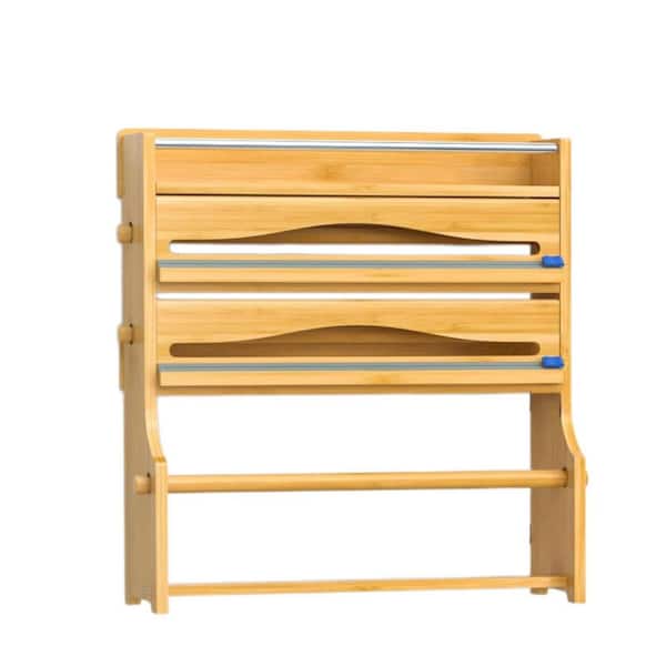 Wall Mount Bamboo 4-in-1 Kitchen Paper Towel Holder with Spice Shelf Roll Dispenser Cutter for Kitchen Organization