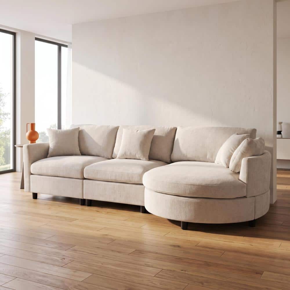 107 in. Beige Chenille Fabric 3-Piece Sectional Sofa with Curved Chaise and 3 Throw Pillows for Living Rooms, Offices