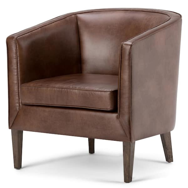 Simpli Home Mitchum 31 in. Wide Mid Century Modern Tub Chair in Distressed Brown Bonded Leather