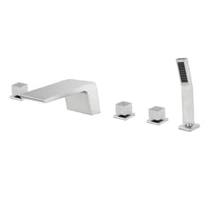 3-Handle Waterfall Deck-Mount Roman Tub Faucet with Hand Shower Modern Brass 5-Hole Bathtub Faucets in Brushed Nickel