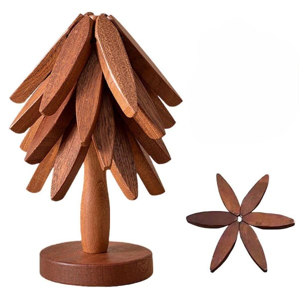 Natural Collection Black Walnut Foldable Wooden Trivet Set with Display Stand for Hot Pots and Pans
