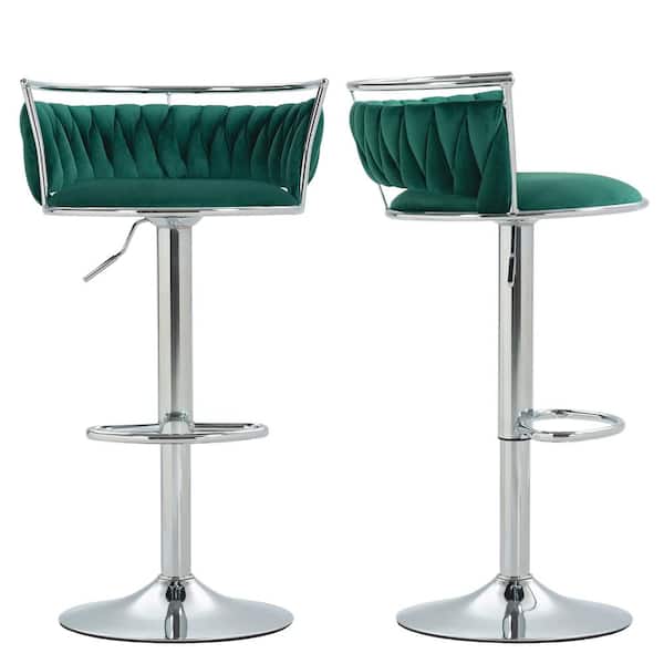 Uixe 38.7 in. Swivel Adjustable Height Low Back Silver Metal Frame Bar Stool with Dark Green Velvet Seat Cushion(set of 2)