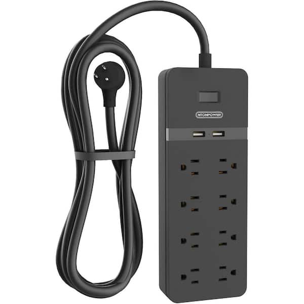 Lukyamzn 25-Ft. Flat Plug Extension Cord, Surge Protector Power Strip with 8 AC Outlets, 2 USB Ports, 15A Circuit Breaker, Black