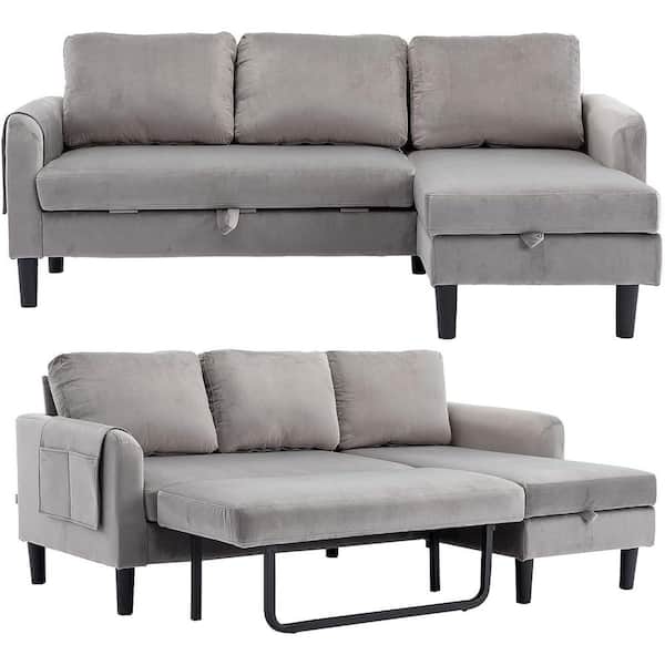 Uixe 72.44 in. Square Arm Velvet Convertible Sleeper Sofa L-Shape Reversible Sectional Sofa in Gray with Storage Chaise