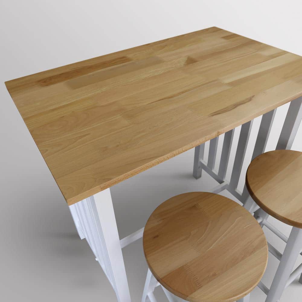 White and Natural Wood 3-Piece Pub Breakfast Set