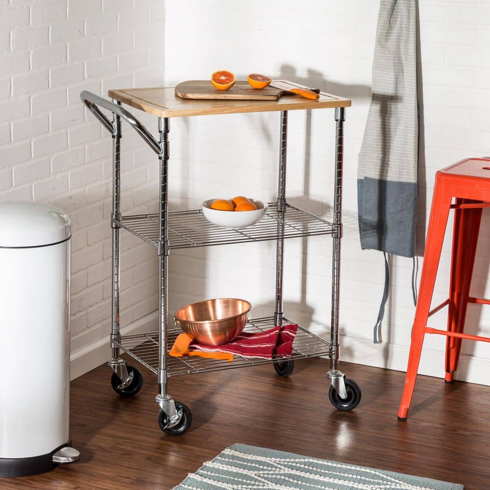 Chrome and Wood Rolling Kitchen Cart with Cutting Board
