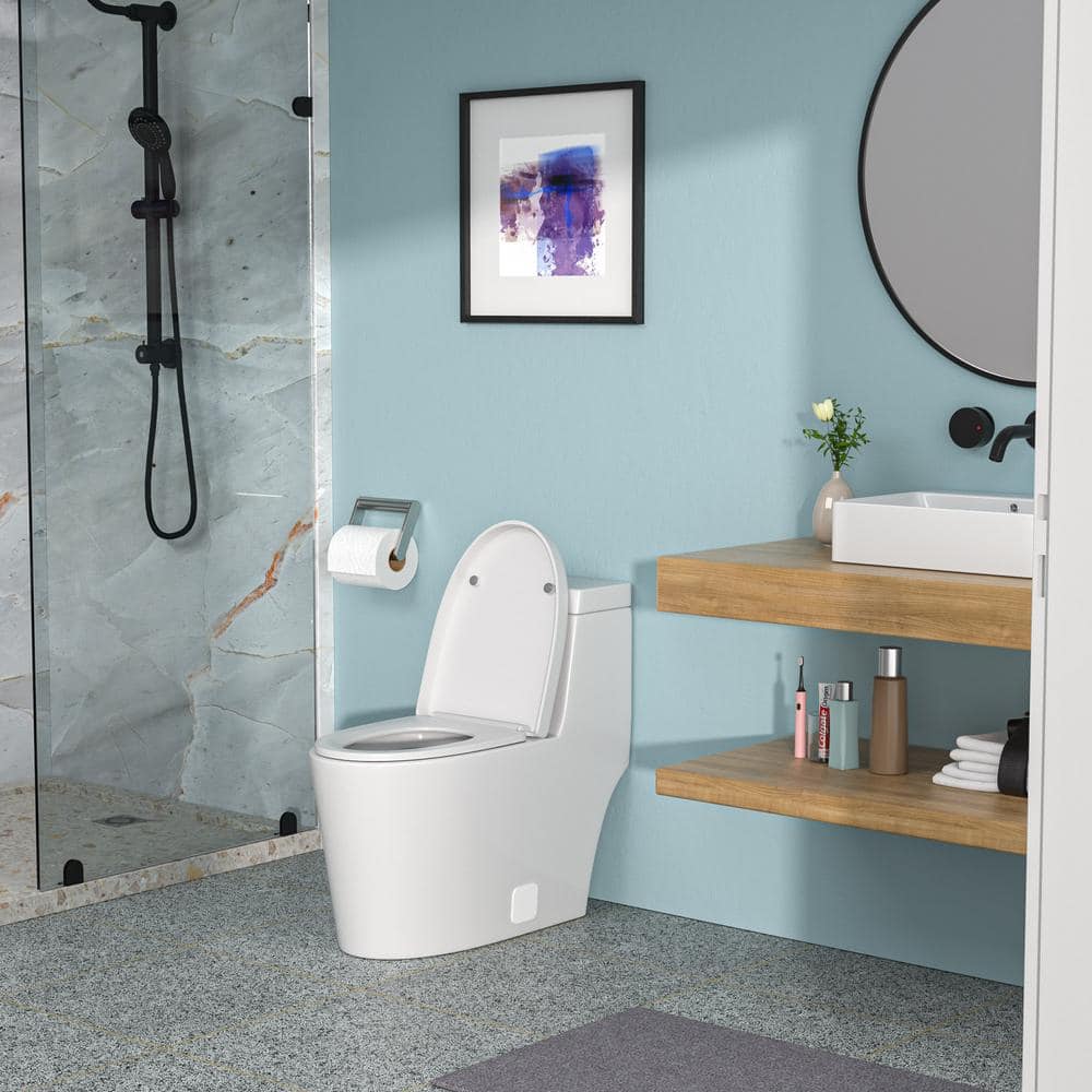 White Ceramic Elongated One-Piece Toilet with Silent Flush