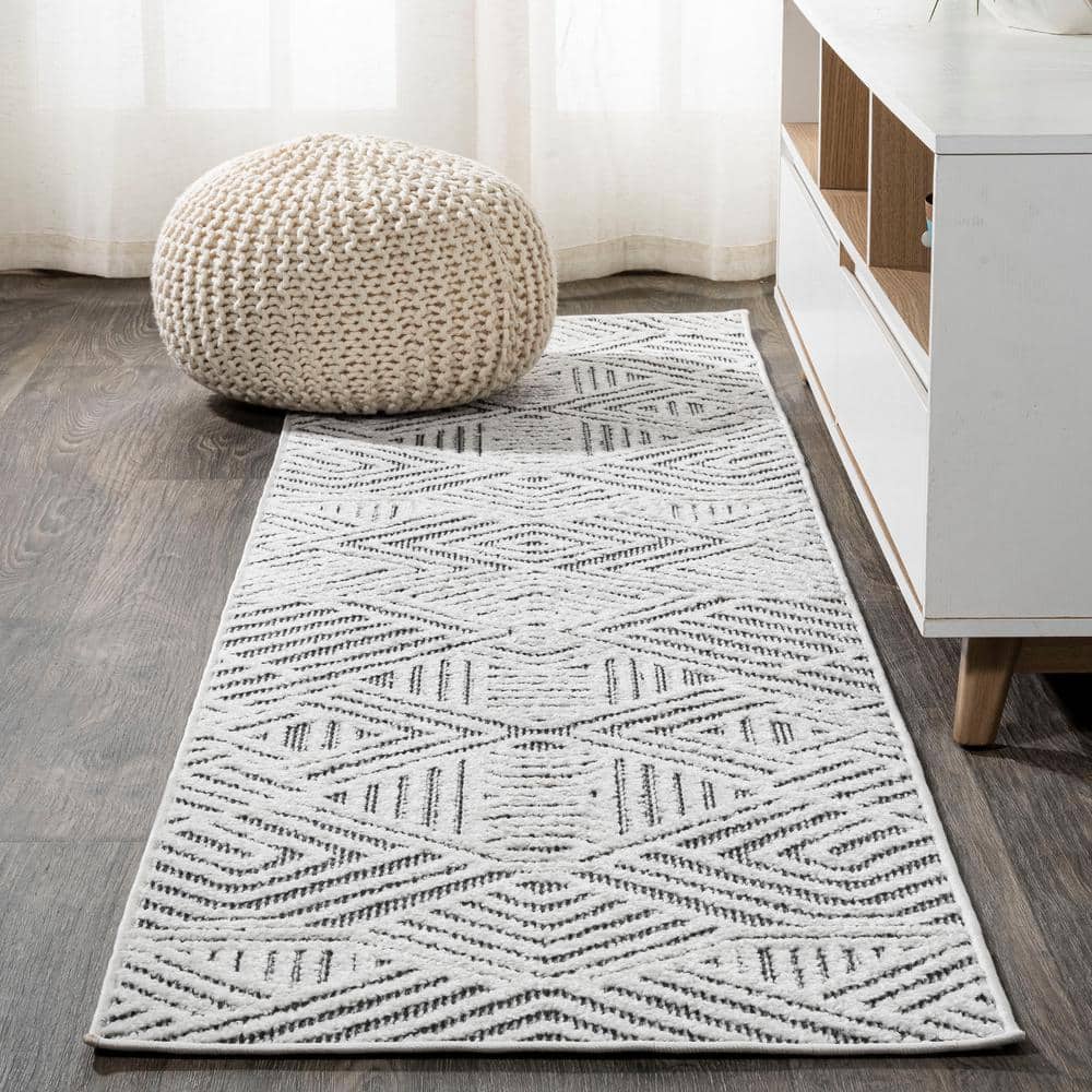 Ivory and Black Geometric High-Low Pile Runner Rug
