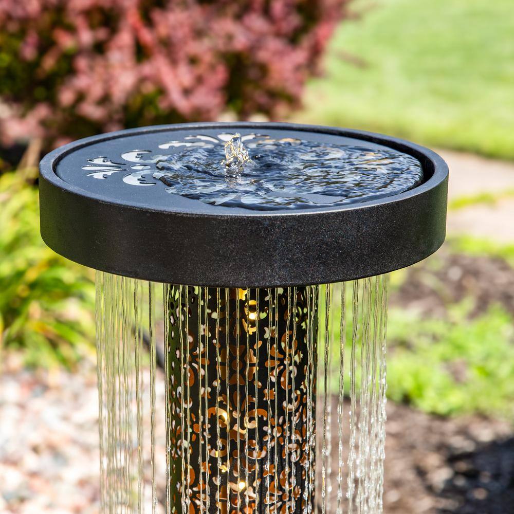 Tall Black Zinc Outdoor Water Fountain with Warm White LED Lights