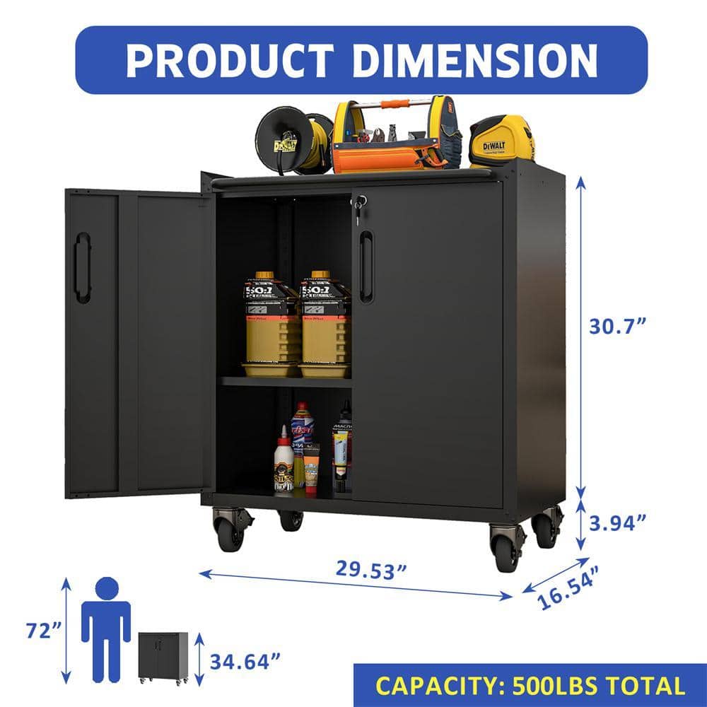 Infographic showing the dimensions and capacity of the black metal storage cabinet.