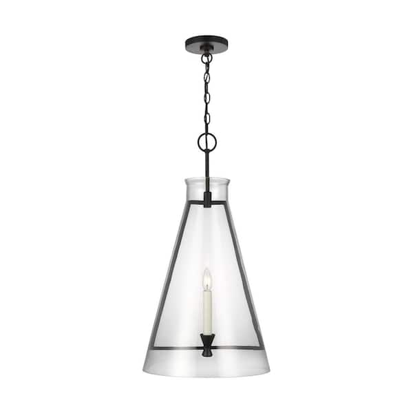 Generation Lighting Keystone 1-Light Aged Iron Large Shaded Pendant with Clear Glass Shade
