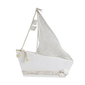 11.5 in. White and Tan Cape Cod Inspired Ship with Sails Table Top Decoration