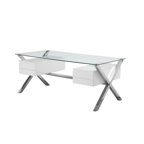 Benjara Tia 71 in. Rectangular White Wood 4-Drawer Writing Desk with Glass Tempered Top