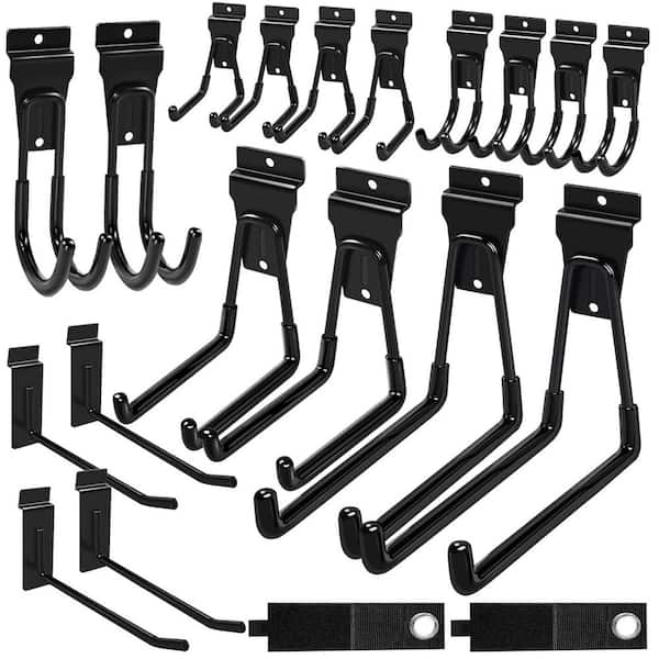 Slatwall Hooks Set [20Pack] in Black Steel Wall Rack with U & J Hooks and Straps for Garage & Garden Tools Organization