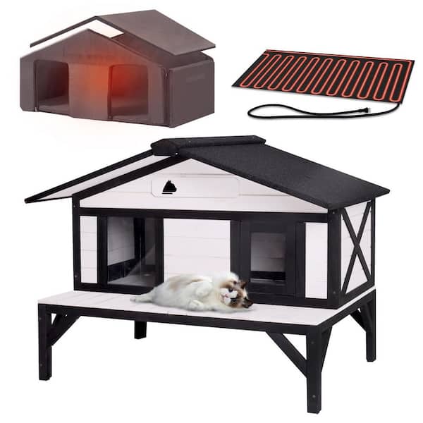 Wooden Heated Cat House with Insulation, Outdoor Feral Cat House with Heating Pad-White