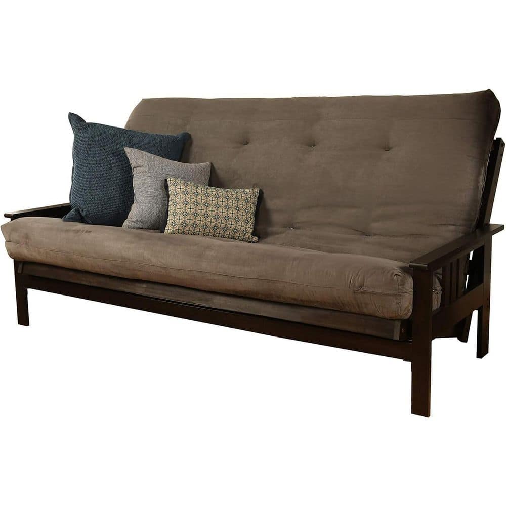 85 in. Espresso/Suede Gray Polyester Upholstered Queen Size Futon Set with Mattress