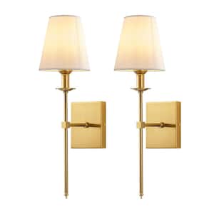 Set of 2 Gold Indoor Industrial Wall Sconces with White Fabric Shade, Modern Wall-Mounted Light Fixture for Bedroom