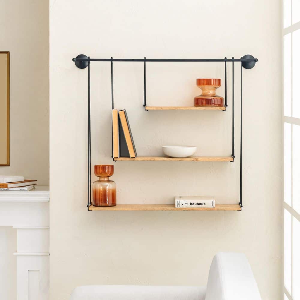 Sleek Scandinavian Black Iron & Wood 3-Tier Floating Shelf