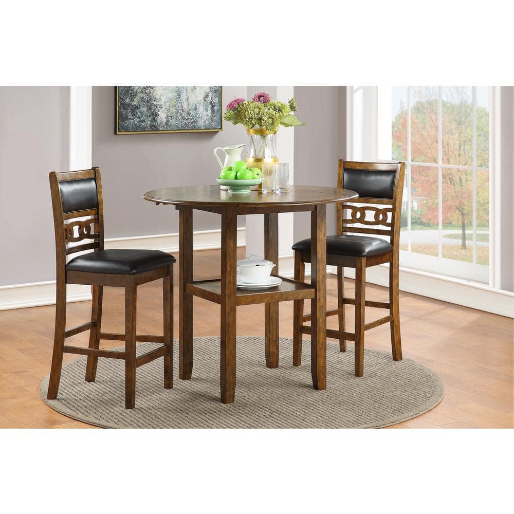 Brown Rubberwood Drop Leaf Counter Table Set with Black Upholstered Chairs