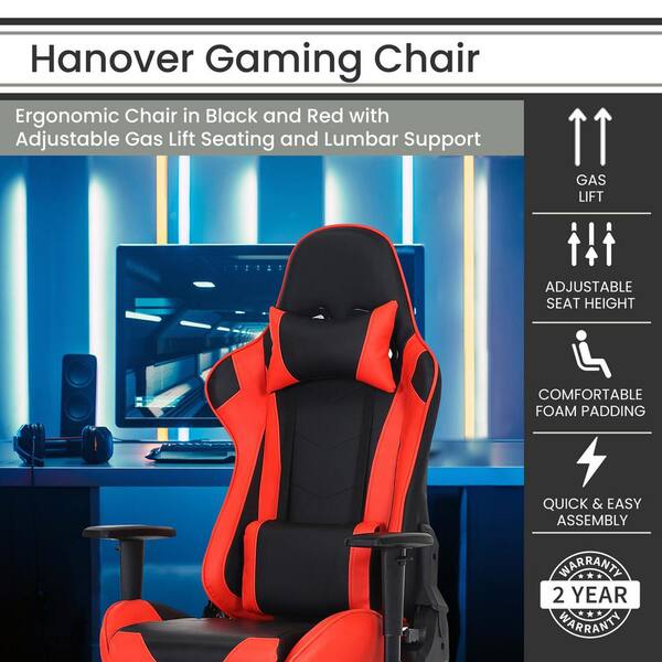 Hanover Commando Ergonomic Gaming Chair with Adjustable GAS Lift Seating Lumbar and Neck Support Black/Red