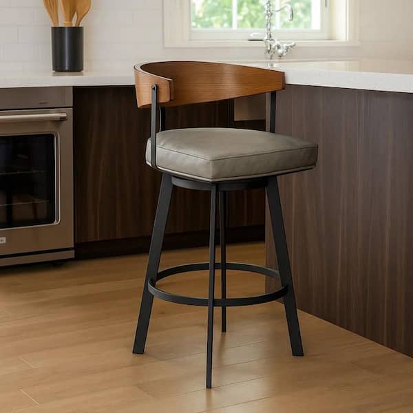 Lasie 34 in. H Vintage Gray and Walnut Brown Metal Bar Stool with Faux Leather Seat