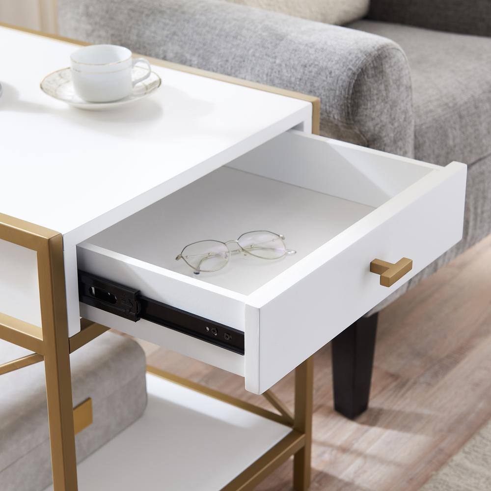 Claudette Gold Metal Frame and White Wood Top End Table with Drawer