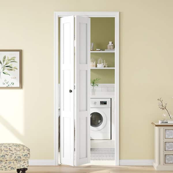 30 in. x 80 in. 3-Lite Solid Core Panel White Finished MDF Wood Bi-fold Door with Hardware