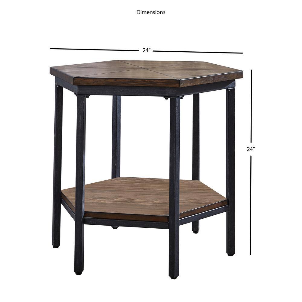Mocha Hexagonal Wooden End Table with Iron Base and Storage