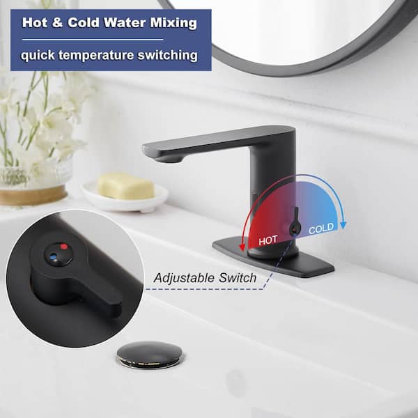 Automatic Sensor Touchless Single Hole Bathroom Sink Faucet with Deck Plate in Matte Black