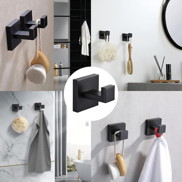 Wall Mounted 4-Pieces J-Hook Robe Towel Hook Square Coat Hooks in Matte Black