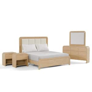 Falkner 5-Piece Modern Natural Wood King Panel Bedroom Set With 2 Nightstands and Dresser/Mirror