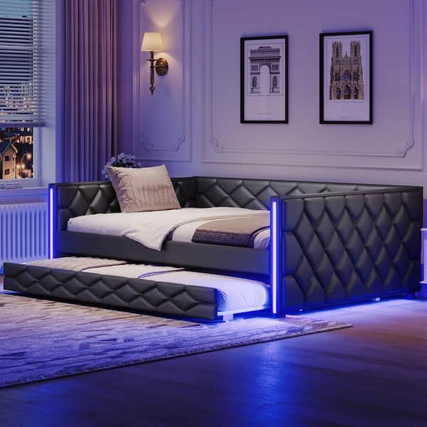 Black Full XL Size PU Upholstered Daybed with Trundle and LED Armrests